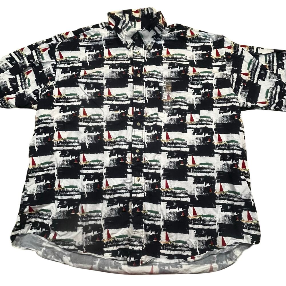 NEW Trader Bay Button Up Shirt Mens 2XL Abstract Sailboat Print Coastal Beach